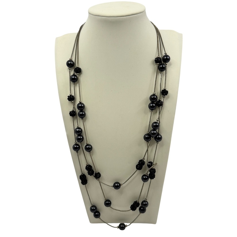 Roman Black‎ Faux Pearl Multi Strand Necklace Gunmetal Tone Beaded Whimsigoth